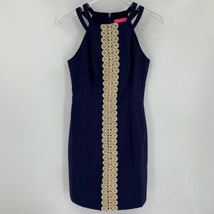 Lilly Pulitzer Pearl shift dress navy blue poplin stretch gold lace trim new 00